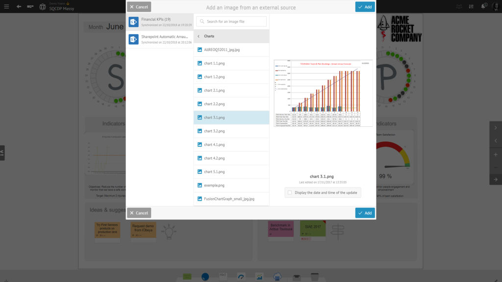 Lorsque vous ajoutez des images depuis SharePoint dans iObeya, parcourez les images depuis une popup