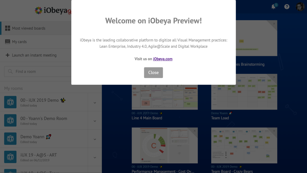 Display a popup each time a user sign into iObeya with a custom message or warning