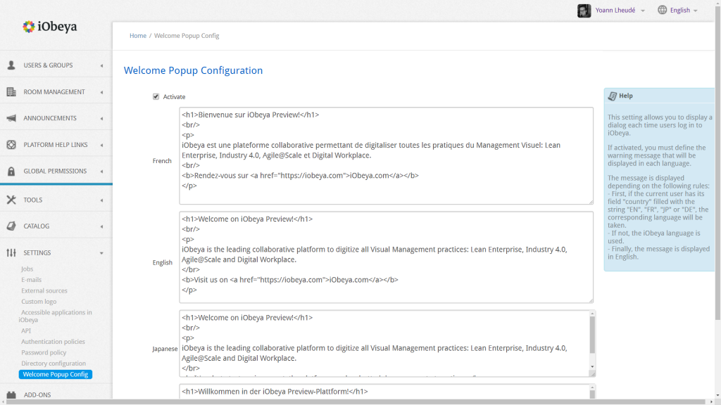 Configure the Welcome Popup message in all languages in the Administration interface