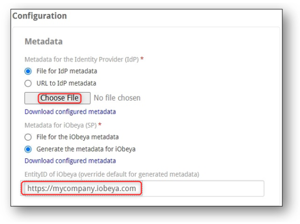 Import (choose file) the metadata file for the “Metadata for the Identity Provider (IdP)”, and the EntityID